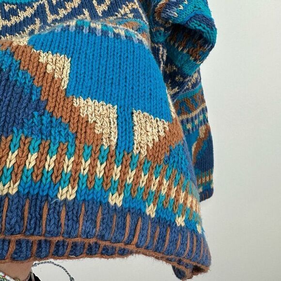 Segrets Sun Prints Teal Navy Tan Fair Isle Aztec Grandpa Chunky Knit Sweater - Picture 8 of 12